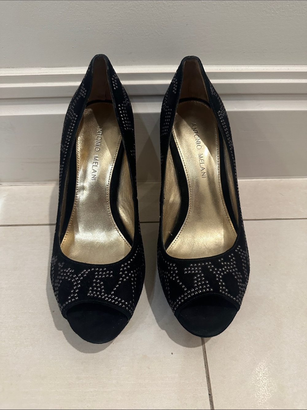 ANTONIO MELANI Black Peep-Toe Rhinestone Pumps
